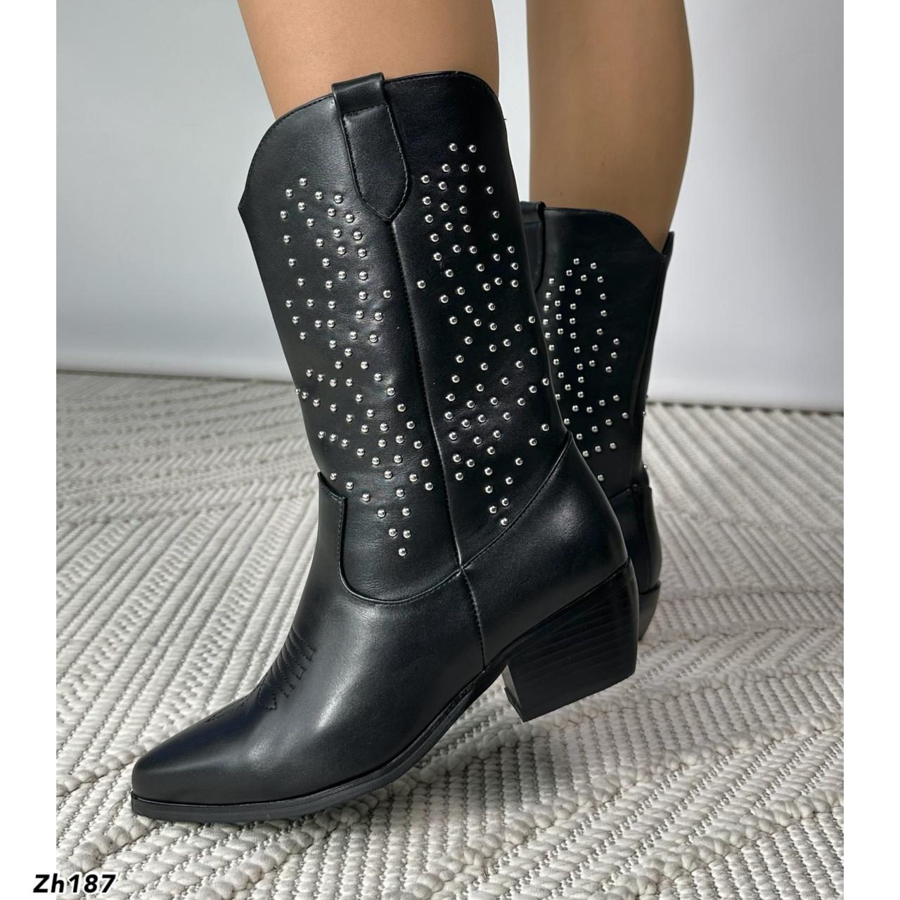 Bota texana negro apliques plateado tacon 5cm HX3152-C1187